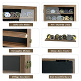 DecoWoodo Military Challenge Coin Display Case with HD Glass Door- 5 Rows Medal Display Case Cabinet Rack Shadow Box with Removable 2 Grooves Shelves DecoWoodo