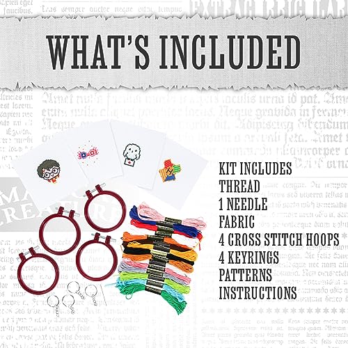 Harry Potter Stamped Cross Stitch 4 Pack, Embroidery Starter Kit for Beginners, Four Patterns, Fun & Easy Backpack Charms Craft Activity for Fans Paladone