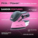 Pink Power Detail Sander for Woodworking 20V Cordless Electric Hand Sander for Wood Furniture - Mini Palm Sander Tool with Sandpaper, Li-Ion Battery Pink Power