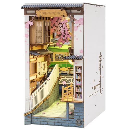 ROBOTIME DIY Book Nook Kit Decorative Bookend Insert Bookcase Book Stand Miniature House Kit with LED Light Creative Gift for Birthdays (Sakura Tram) - WoodArtSupply