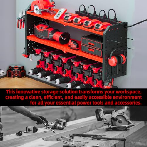 KAFAHOM Power Tool Organizer with Charging Station, Built in 8 Outlet Power Strip,Large 8 Drill Holder Wall Mount, Heavy Duty Metal Power Tool - WoodArtSupply