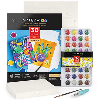 Arteza Kids Watercolor Painting Art Set, Watercolor Paint 36 and Foldable Canvas Paper Bundle, DIY Painting Kit, Art Supplies for Kids and Adults - WoodArtSupply