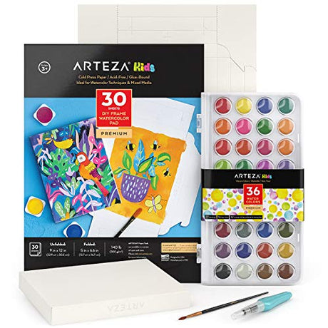 Arteza Kids Watercolor Painting Art Set, Watercolor Paint 36 and Foldable Canvas Paper Bundle, DIY Painting Kit, Art Supplies for Kids and Adults ARTEZA