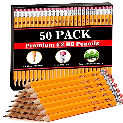 V-Opitos Wood-Cased #2 HB Pencils, 50 Pack Pre-Sharpened Pencils with Top Erasers, Bulk Yellow Pencils for School Teacher Supplies, Writing, Drawing - WoodArtSupply