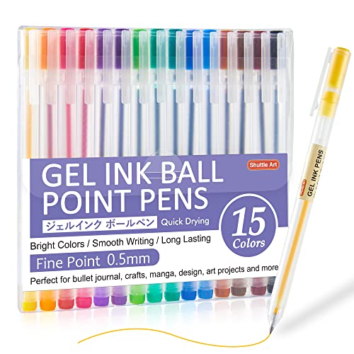 Shuttle Art Gel Ink Ball Point Pens, 15 Colors Japanese Style Pens, 0.5mm Fine Ballpoint Pens Quick Drying for Writing Journaling Home, School and Shuttle Art