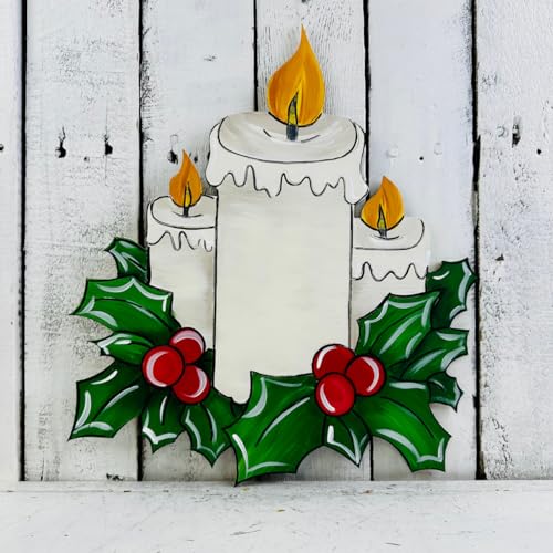 Christmas Candle with Holly & Berries, Christmas Shapes, Unfinished Wood Cutout, Paint by Line Build-A-Cross