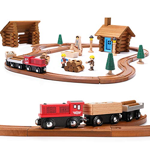 SainSmart Jr. 100 PCS Wooden Train Set with Log Cabin, Toddler Buildable Train Track - Real Wood Building Blocks Construction Toy for 3,4,5 Year Old - WoodArtSupply