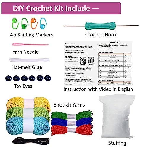 Beginner Crochet Kit, 3 Pcs Cute Dinosaur Crochet Kit for Beginners, Complete Crochet Starter Kit with Illustrations Crocheting Knitting Kit Adults