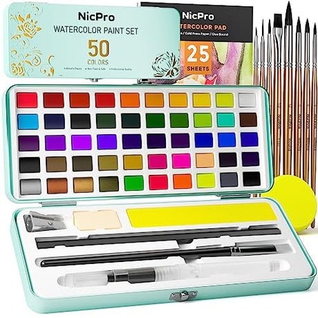 Nicpro 50 Colors Watercolor Paint Set, Include Metallic & Fluorescent Color, 8 Squirrel Painting Brushes, 25 Water Color Paper & Palette, Art Nicpro