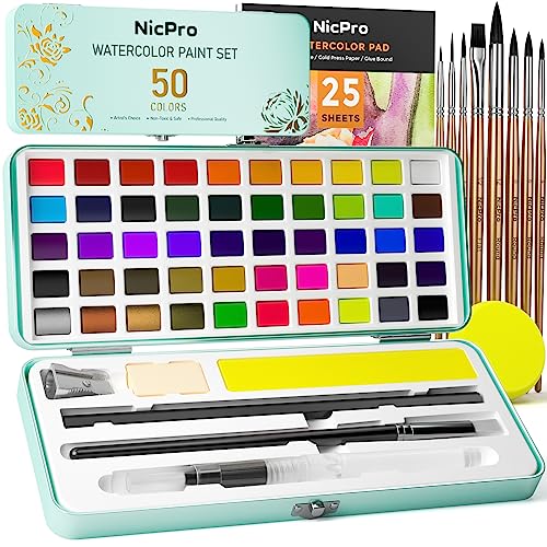 Nicpro 50 Colors Watercolor Paint Set, Include Metallic & Fluorescent Color, 8 Squirrel Painting Brushes, 25 Water Color Paper & Palette, Art - WoodArtSupply