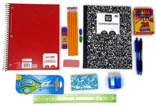 Back to School Supplies (Spiral Notebook, Composition Book, Pencils, Ink Pens, Erasers, Pencil Sharpener, Scissors, Tissue (18 Items) (Bundle) Grand Bay Market