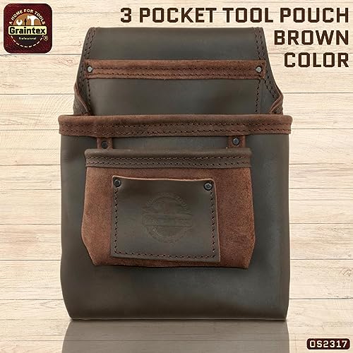 Graintex OS2317 3 Pocket Nail & Tool Pouch Top Grain Oil Tanned Leather for Framers, Constructors, Electricians, Plumbers, Handyman Brown - WoodArtSupply