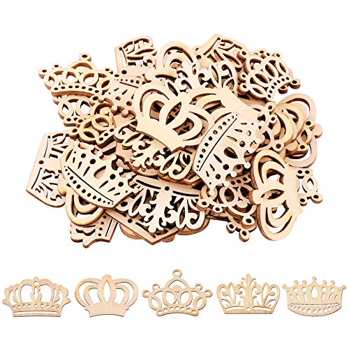 Amosfun 50pcs Cartoon Hollow Out Crown Shape Wooden Pieces Cutouts Craft Embellishments Wood Ornament Manual Accessories for DIY Art