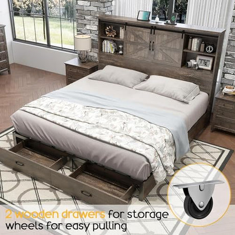 HOWE Rustic Queen Wood Platform Bed with Bookcase Headboard & Storage Drawers HOWE
