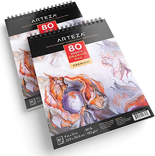 ARTEZA Drawing Pad 9 x 12 Inches, Pack of 2, 160 Sheets (80lb/130g), Spiral Bound Artist Drawing Books, 80 Sheets Each, Durable Acid Free Sketch ARTEZA