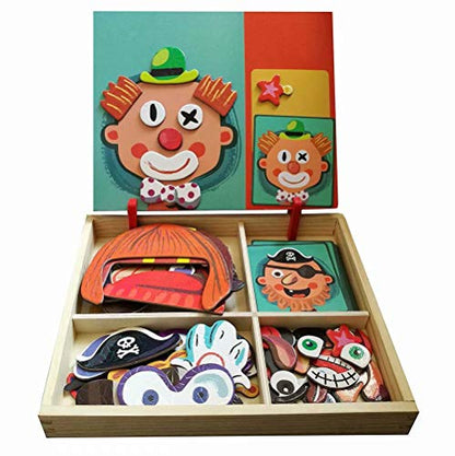 Wooden Magnetic Jigsaw Puzzles Toy, Toddler Craft Toys Educational Travel Puzzle Games Double Sided Drawing Easel for Boys and Girls