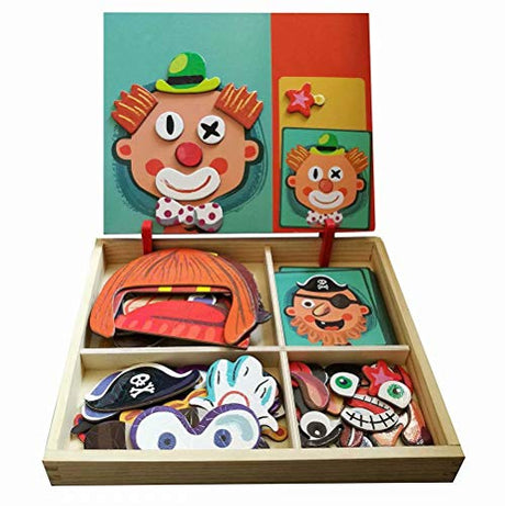 Wooden Magnetic Jigsaw Puzzles Toy, Toddler Craft Toys Educational Travel Puzzle Games Double Sided Drawing Easel for Boys and Girls QIAONIUNIU