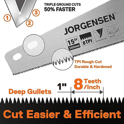 JORGENSEN 15 Inch Pro Hand Saw, 8 TPI Fine-Cut Ergonomic Non-Slip Aluminum Ultrasonic Welding Handle for Sawing, Trimming, Gardening, Woodworking, - WoodArtSupply