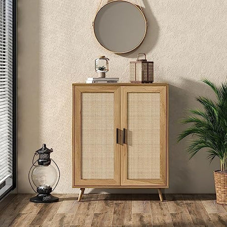 Xilingol Buffet Cabinet with Storage, Storage Cabinet with Rattan Decor Doors, Accent Cabinet with Solid Pine Wood Feet, Sideboard Cabinet for Xilingol