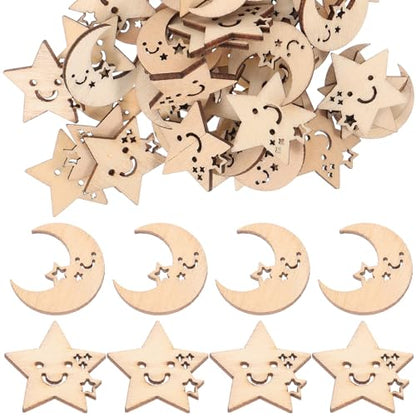 Amosfun 50PCS Wooden Star and Moon Cutouts Wooden Pieces Craft Embellishments for DIY Art Craft Decoration - WoodArtSupply