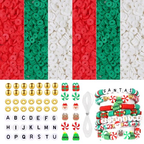 6300PCS Christmas Clay Beads for Bracelet Making Polymer Clay Heishi Beads Flat Round Spacer Beads with Gold Beads Spacer Beads Letter Beads for