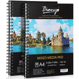 Bianyo Mixed Media Paper Sketchbook, A4 (8.26" X 11.69"), 60 Sheets/Each, 123 LB/200 GSM, Pack of 2 Pads, Spiral-Bound Pad, Ideal for Wet & Dry Media Bianyo