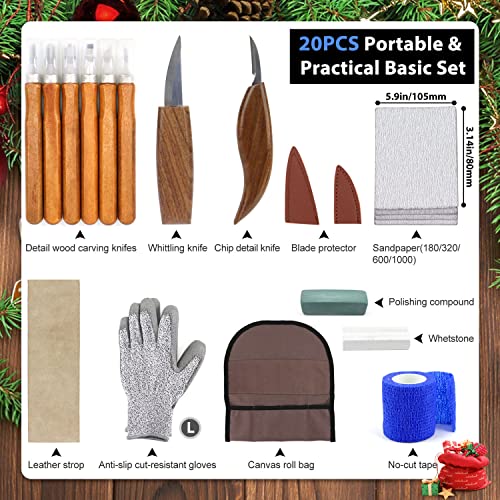 Wood Carving Tools Knife Set 20PCS DIY Wood Carving Kit for Beginners Woodworking Knife Kit with Detail Wood Carving Tools, Whittling Knife,