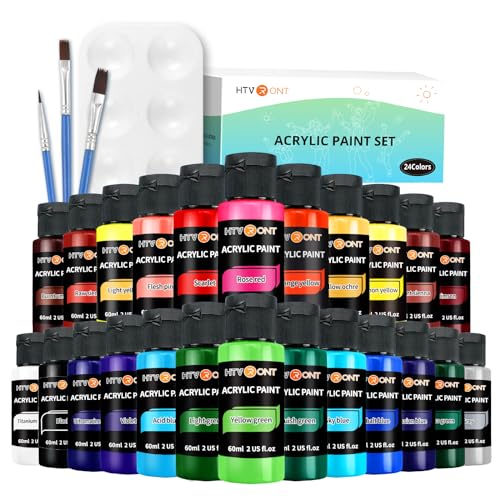 HTVRONT Acrylic Paint Set of 24 Colors (60 ml), Art Paints Set for Adults and Kids with 3 Paint Brushes and 1 Color Palette, Acrylic Craft Paint for