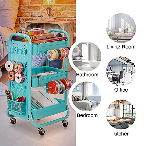 DESIGNA 3-Tier Utility Storage Rolling Cart with Removable Pegboard & Extra Storage Baskets Hooks, Metal Craft Art Carts for Gift Home Office, Teal DESIGNA