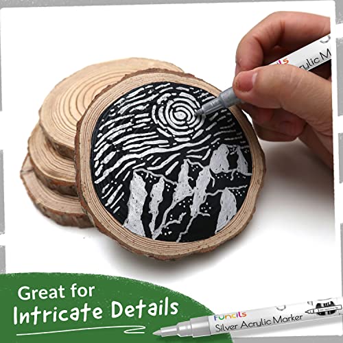 Funcils 5 Acrylic Silver Paint Pen - Silver Marker Metallic Paint Pens for Fabric, Wood, Canvas, Leaf, Metal, Glass - Silver Paint Pen Fine Tip, Thin Funcils