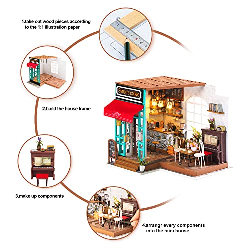 Rolife DIY Miniature Dollhouse Kit Coffee House Wooden Mini House Crafts DIY Model Kits Christmas Birthday Gifts for Boys Girls Women Friends - WoodArtSupply