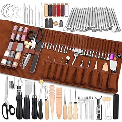 TLKKUE Leather Craft Tools Leather Working Tools Kit with Custom Storage Bag Leather Carving Tools Leather Craft Making for Cutting Punching Sewing - WoodArtSupply