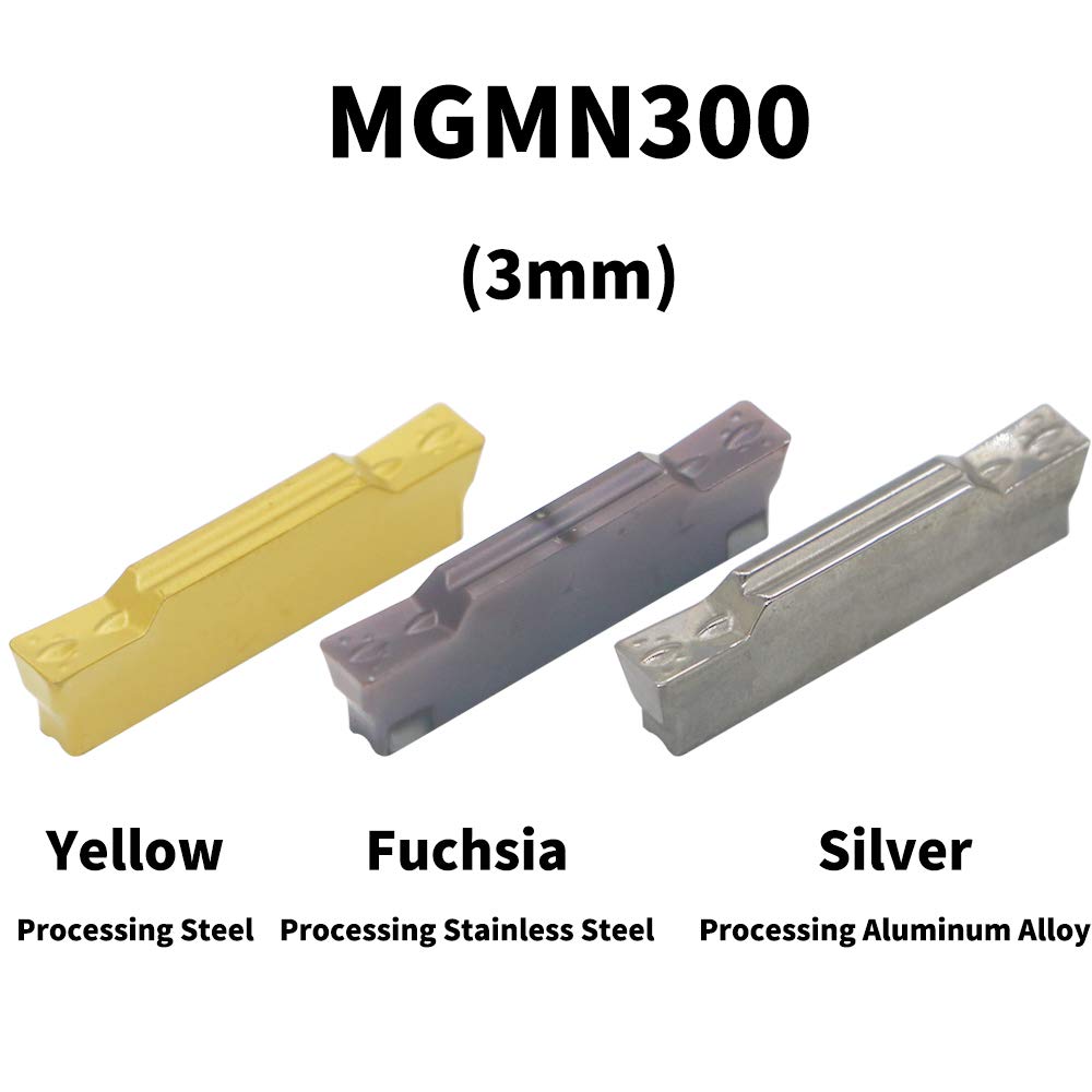 CNC Lathe Grooving Tool Holder MGEHR1616-3(0.63 Inch), with Three MGMN300 Cemented Carbide Blades. Yellow Processed Steel, Fuchsia Processed LingGan