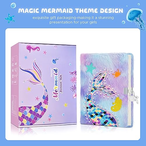 homicozy Mermaid Diary for Girls with Lock and Keys,Tie-Dye Fuzzy Journal for Kids with 160 Lined Pages,Fluffy Secret Notebook for Writing and homicozy