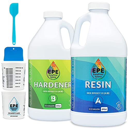 EPE EasyPour Epoxy 1 Gallon Kit - Crystal Clear High Gloss Resin and Hardener, 2 Mixing Cups, Silicone Spatula, Plastic Spreader - Wood Tabletops,