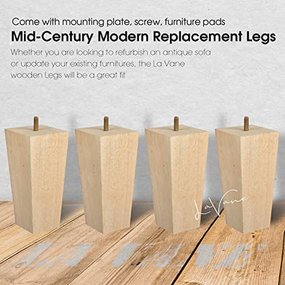 4 inch Wooden Furniture Legs, La Vane Set of 4 Solid Wood Square Unfinished Mid-Century Modern M8 Replacement Bun Feet with Pre-Drilled 5/16 Inch