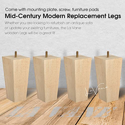 La Vane 8 inch Wooden Furniture Legs, Set of 4 Solid Wood Square Unfinished Mid-Century Modern Replacement Bun Feet with Pre-Drilled 5/16 Inch Bolt &