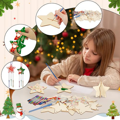 MEZOOM 8pcs Christmas Wooden Windchimes for Kid, Make Your Own 3D Star Wind Chimes Star Hanging Decoration Xmas DIY Art Craft for Christmas Winter - WoodArtSupply