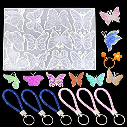 Butterfly Resin Keychain molds with 6 Pcs Weave Keyrings, Silicone Epoxy Resin Molds with Hole for DIY Keychain Necklace Pendant, Clay Crafts, - WoodArtSupply