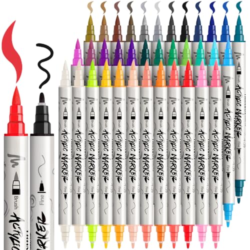 TRANSON 36 Colors Acrylic Paint Marker Pen Set Fine and Brush Dual-tip for Canvas Rock Wood Leather Ceramic DIY Painting TRANSON