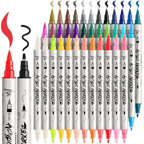 TRANSON 36 Colors Acrylic Paint Marker Pen Set Fine and Brush Dual-tip for Canvas Rock Wood Leather Ceramic DIY Painting TRANSON