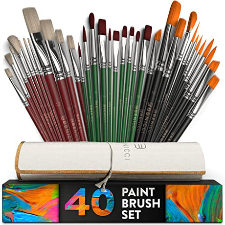 40 Pieces Professional Artist Paint Brush Set with Storage Case - Includes Round and Flat Art Brushes with Hog, Pony, Nylon Hair Bristles - Perfect Benicci