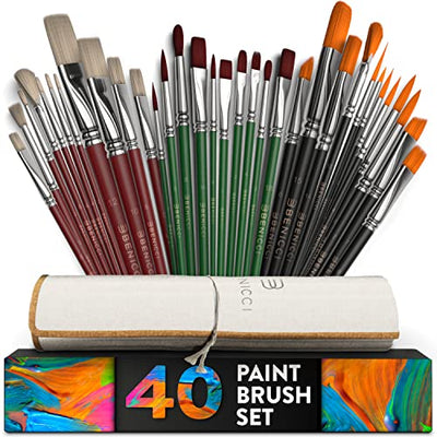 40 Pieces Professional Artist Paint Brush Set with Storage Case - Includes Round and Flat Art Brushes with Hog, Pony, Nylon Hair Bristles - Perfect