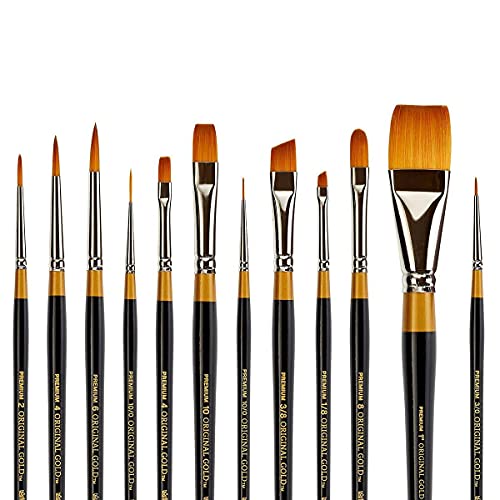 KINGART Premium Original Gold Series Handcrafted Golden Taklon Multimedia Artist Brushes, Gift Box, Set of 12, Black Glosss Handle, for Oil, Acrylic, KINGART