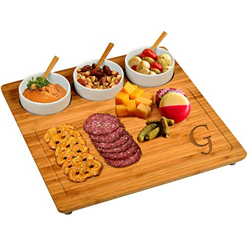 Picnic at Ascot Original Personalized Monogrammed Engraved Bamboo Cutting Board for Cheese & Charcuterie with 3 Ceramic Bowls & Bamboo Spoons- Picnic at Ascot