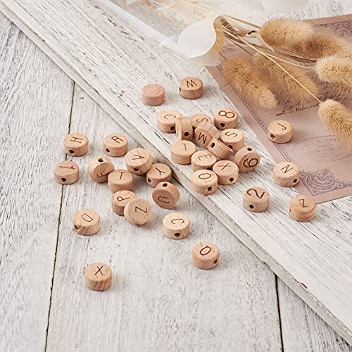 Pandahall 72pcs Wooden Alphabet Number Beads Set Unfinished Beech Flat Round Loose Spacer Beads for DIY Crafts Jewelry Making Personalized Name ID PH PandaHall