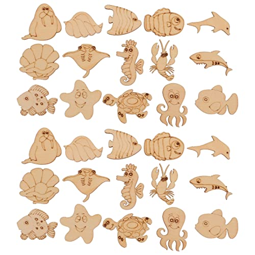 Abaodam 100pcs Sea Animals Wood Slices Octopus Turtle Seahorse Shark Wooden DIY Craft Cutout Unfinished Ocean Animals Wood Ornaments Gift Pieces Tags