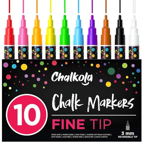 Chalkola 10 Fine Tip Liquid Chalk Markers for Chalkboard Signs, Blackboard, Window, Labels, Bistro, Glass, Car (10 Pack 3mm) - Wet Wipe Erasable Ink Chalkola