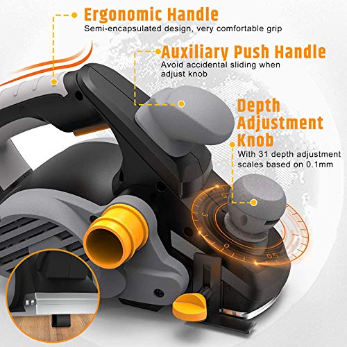 Electric Planer, JELLAS 7.5-Amp 16500 Rpm Power Hand Planer, 3-1/4 Inch Cut Width, Dual-dust out System, Dual-handle Design, Blade Protector, 2 Jellas