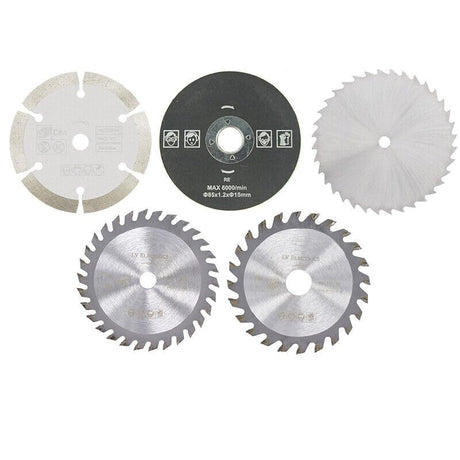 5Pcs 3-3/8 Inch Compact Circular Saw Blades Set with 19/32" Arbor TCT/HSS/Diamond Saw Blade/Grind Wheel for Angle Grinder Wood Plastic Sheet Metal Firearth